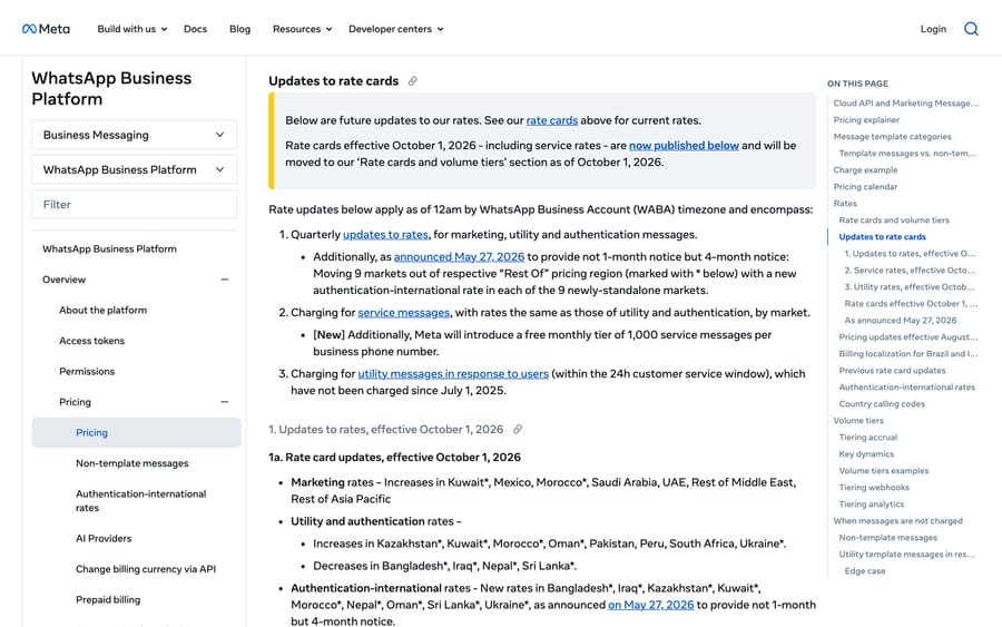 Meta developer docs: from October 1, 2026 service messages are charged, with 1,000 free a month per number