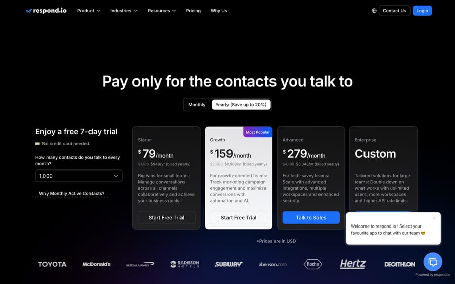 respond.io pricing, yearly view: Starter $79, Growth $159, Advanced $279 a month; 7-day trial
