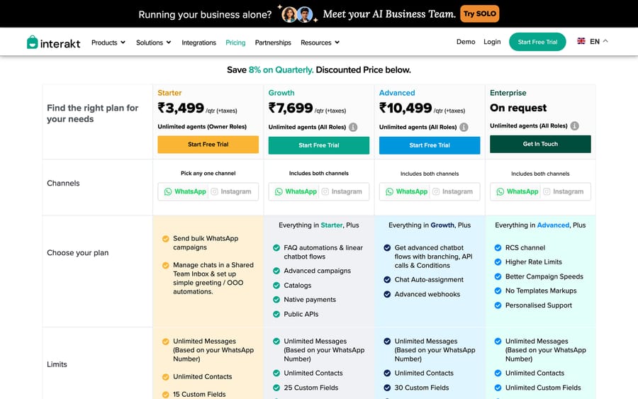 Interakt quarterly pricing: Starter ₹3,499, Growth ₹7,699, Advanced ₹10,499, unlimited agents
