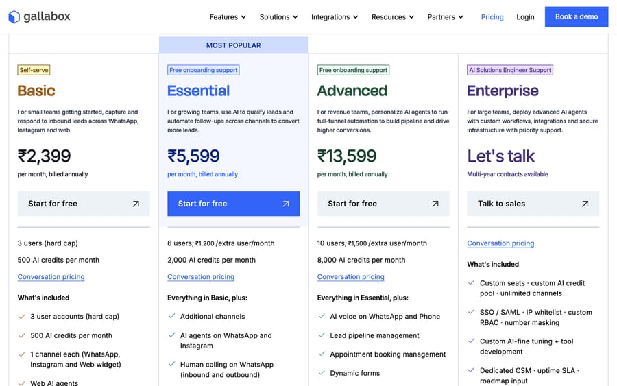 Gallabox annual pricing: Basic ₹2,399, Essential ₹5,599, Advanced ₹13,599 a month; user caps shown