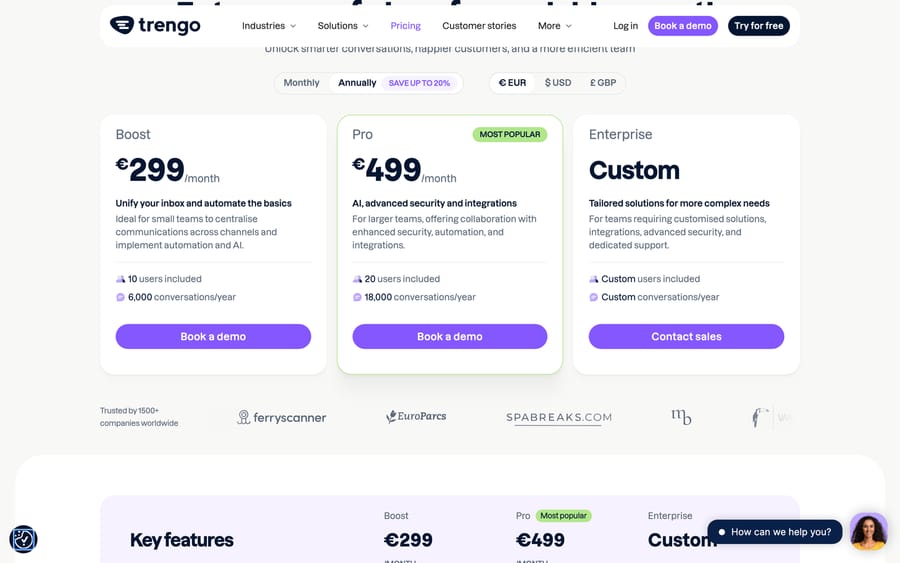 Trengo annual pricing: Boost €299 with 10 users, Pro €499 with 20 users, conversations per year