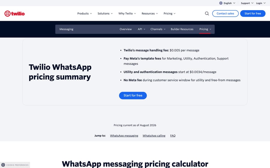 Twilio WhatsApp pricing summary: $0.005 handling fee per message plus Meta's template fees