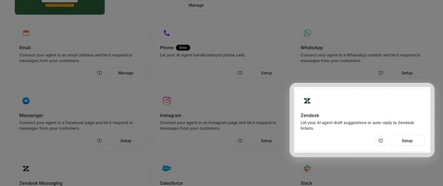 Chatbase Channels tab from its docs: the Zendesk card, draft suggestions or auto-reply to Zendesk tickets