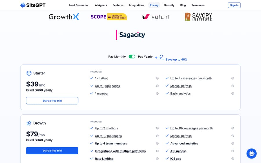 SiteGPT plans in the yearly view, Sep 19 2026: Starter $39 a month billed $468, Growth $79, up to 4k messages