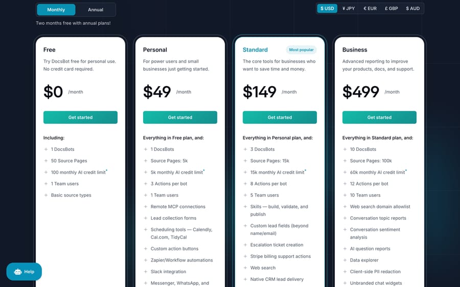 DocsBot plans, monthly view: Free $0, Personal $49, Standard $149 and Business $499, with AI credit limits