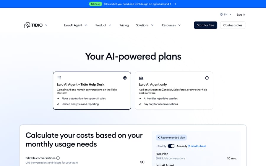 Tidio pricing: choose Lyro AI Agent plus Tidio Help Desk, or Lyro AI Agent only for Zendesk or another help desk