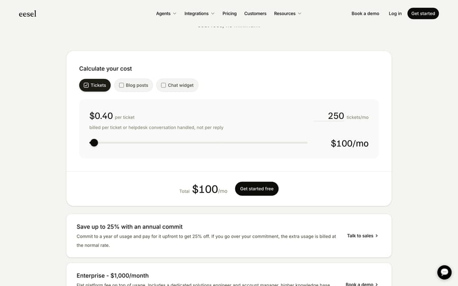 eesel AI's earlier pricing calculator (September 2026): $0.40 per ticket, since replaced by monthly credit plans from $299 for 500 credits