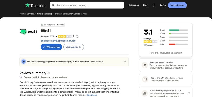Wati on Trustpilot: 3.1 average from 273 reviews, most either 5-star or 1-star