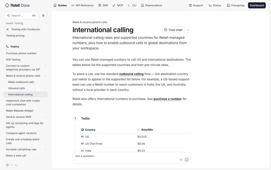 Retell docs, Sept 19, 2026: international calling works where the destination is on the supported list