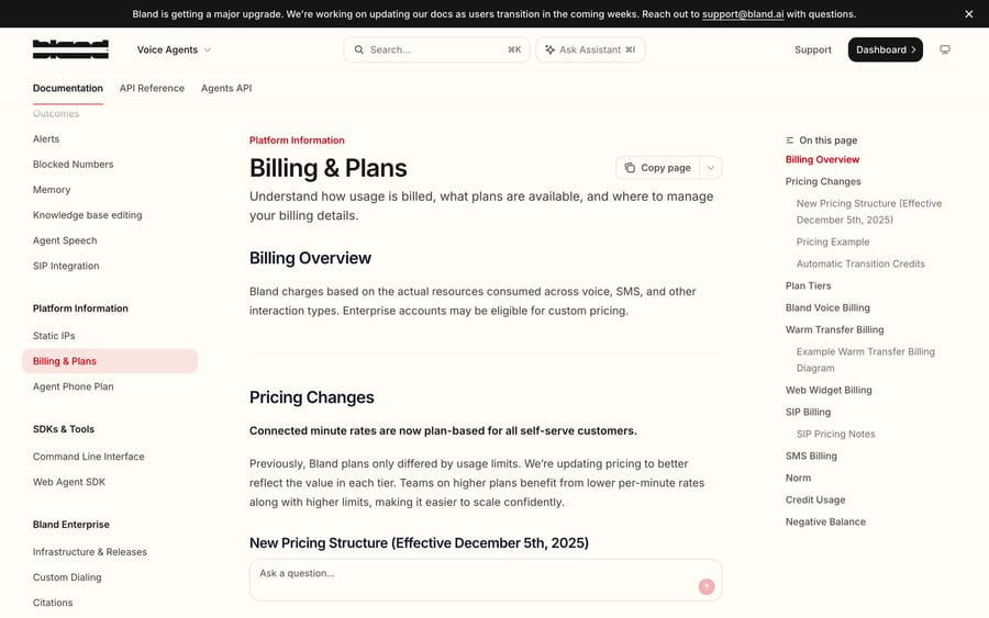 Bland billing docs, Sept 19, 2026: connected-minute rates became plan-based on December 5, 2025