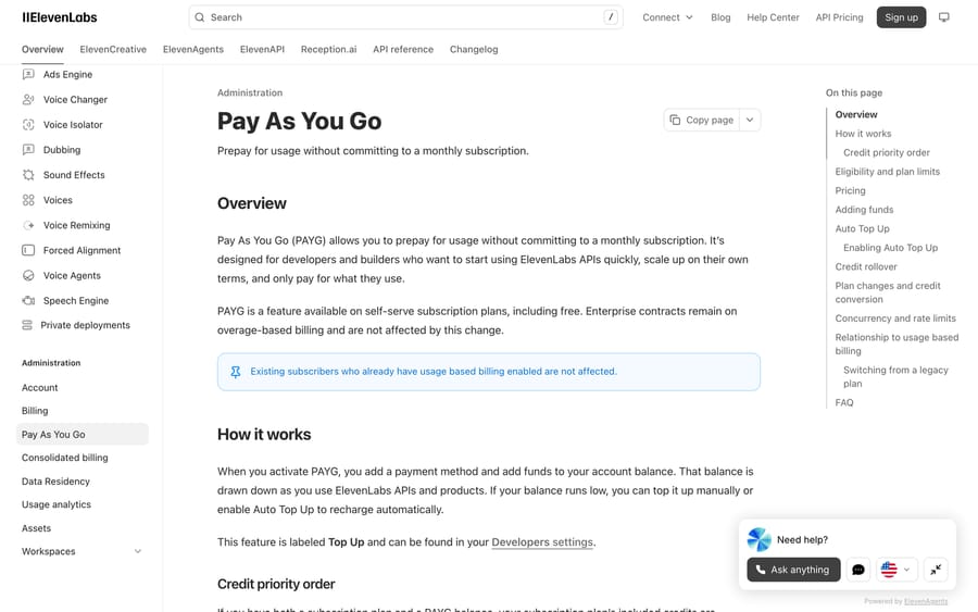 ElevenLabs Pay As You Go docs, Sept 19, 2026: prepaid balance drawn down, top up manually or automatically