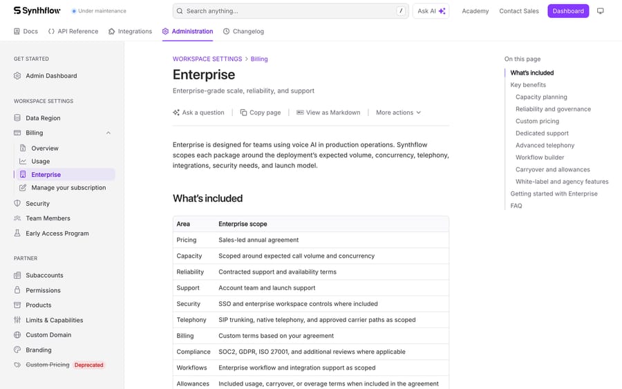 Synthflow Enterprise docs, Sept 19, 2026: sales-led annual agreement, account team and launch support