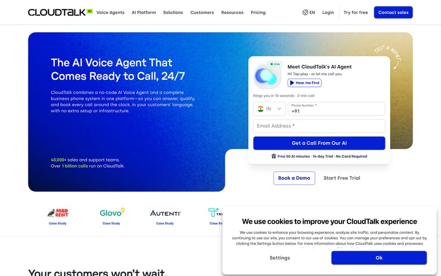 CloudTalk AI voice agents page, Sept 19, 2026: free 50 AI minutes, 14-day trial, no card required