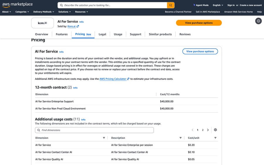 Kore.ai AI for Service on AWS Marketplace, Sep 2026: $40,000 support and non-prod fees, $0.20 per session
