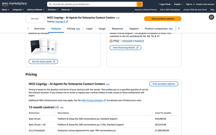 NiCE Cognigy on AWS Marketplace, Sep 2026: Basic 5K pm $43,080 for 12 months, 60K conversations a year