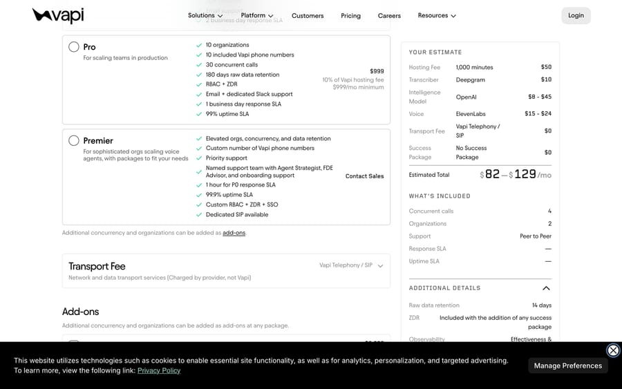 Vapi packages, Sept 19, 2026: Pro at 10% of hosting ($999 minimum) with SLAs; Premier via sales