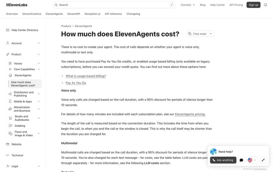ElevenLabs help center, Sept 19, 2026: calls billed by duration, 95% discount for long silences