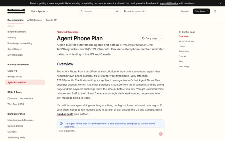 Bland Agent Phone Plan docs, Sept 19, 2026: $29.99 a month, unlimited US and Canada calls on one number