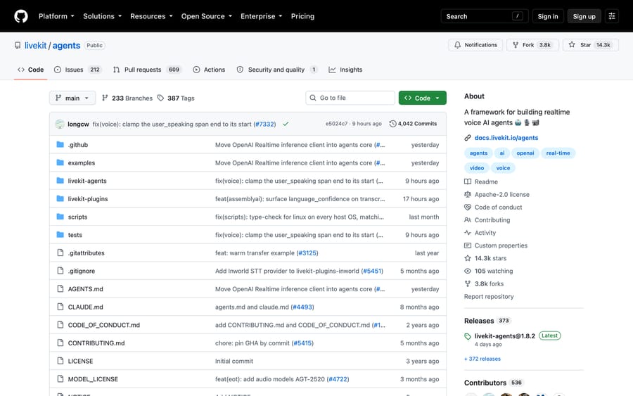 LiveKit's agents repository on GitHub, Sept 19, 2026: Apache-2.0 license, about 14.3k stars