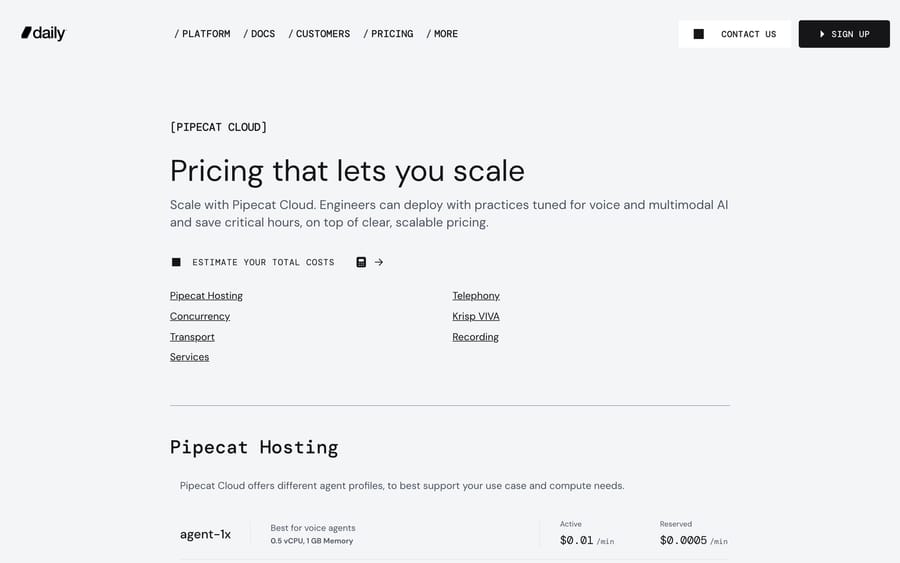 Pipecat Cloud pricing, Sept 19, 2026: agent-1x hosting at $0.01 per active minute