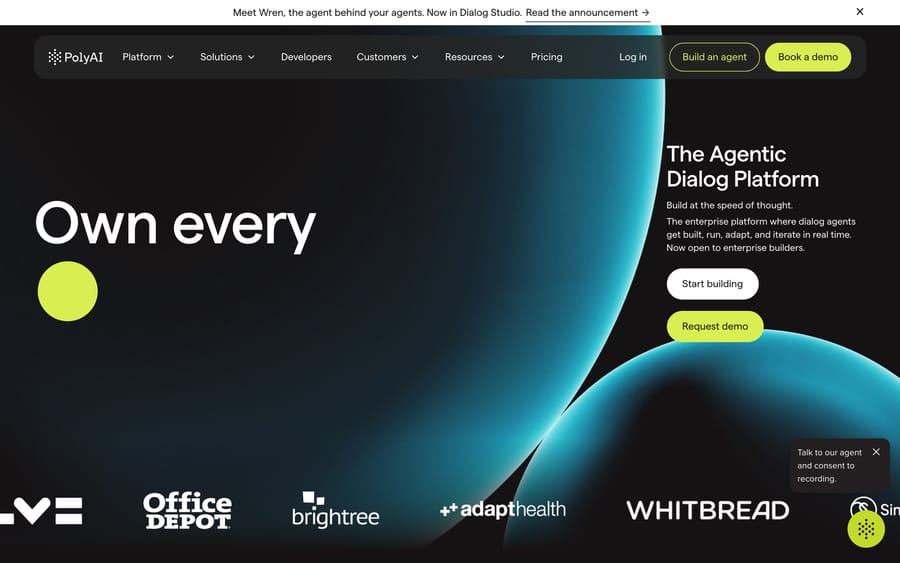 PolyAI homepage, Sept 19, 2026: 'The Agentic Dialog Platform' with Office Depot and Whitbread logos