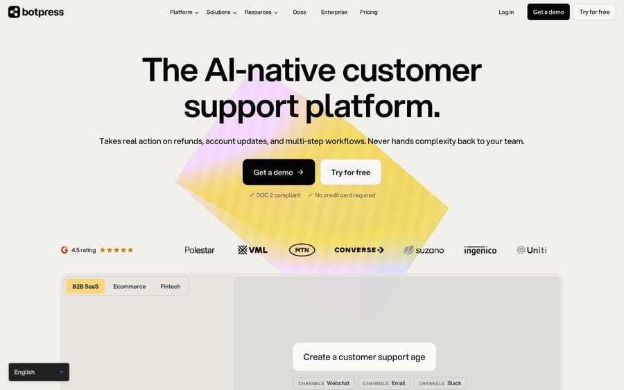 Botpress homepage: the AI-native customer support platform, taking action on refunds and account updates