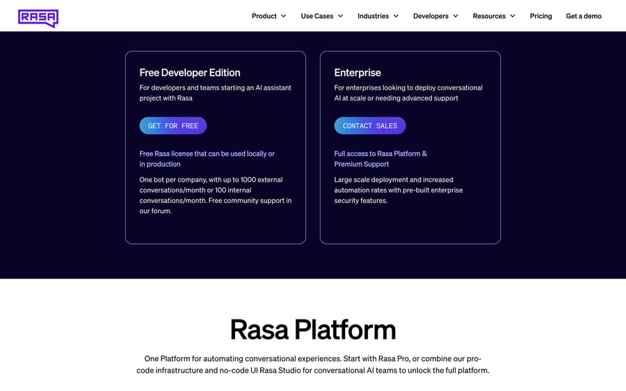 Rasa pricing: Free Developer Edition, one bot with up to 1,000 external conversations a month; Enterprise by quote