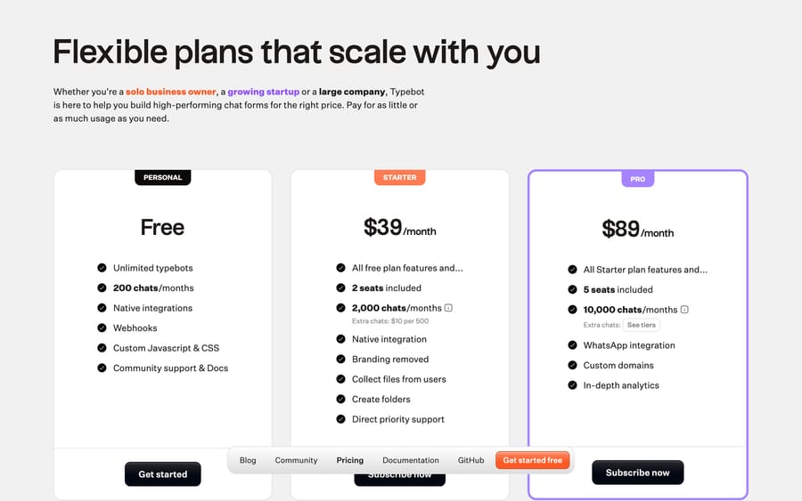 Typebot pricing: Free with 200 chats, Starter $39 for 2,000 chats, Pro $89 for 10,000 chats a month