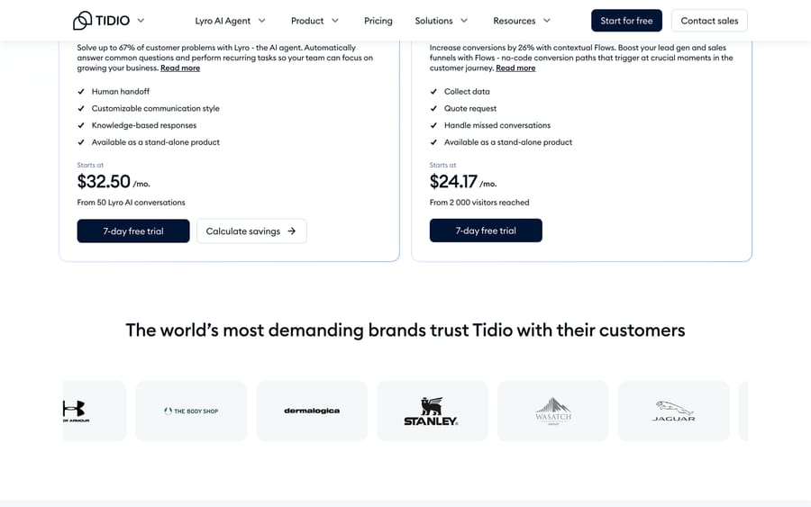 Tidio pricing: Lyro AI Agent from $32.50 a month for 50 conversations, with human handoff