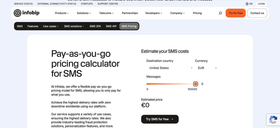 Infobip's SMS calculator set to the United States and 100,000 messages, still showing an estimated price of €0