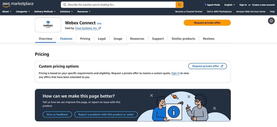 AWS Marketplace listing for Webex Connect by Cisco: custom pricing, request a private offer