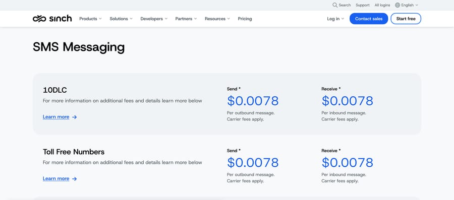 Sinch US SMS pricing: $0.0078 per message on 10DLC and toll-free, $0.009 on short code, carrier fees extra