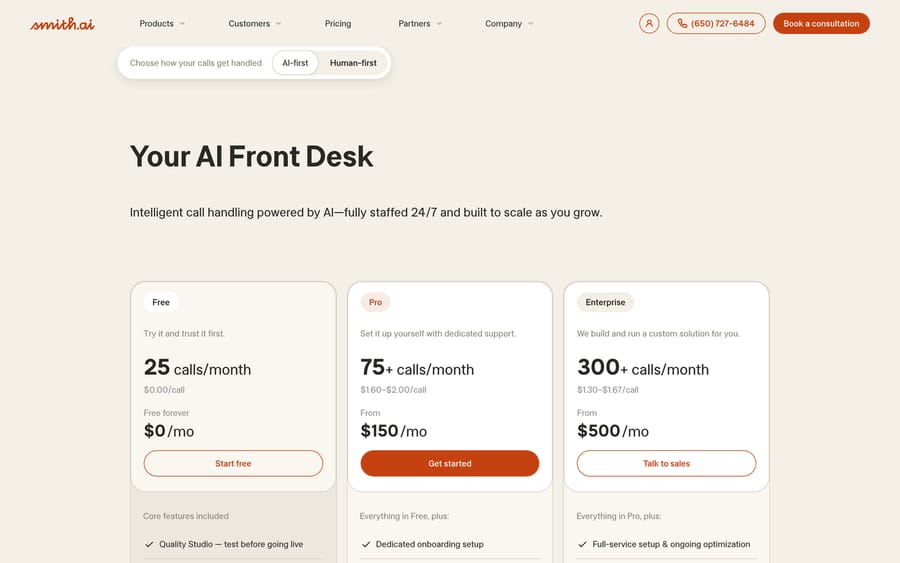 Smith.ai AI-first pricing, 19 Sep 2026: Free 25 calls, Pro from $150 for 75, Enterprise from $500 for 300
