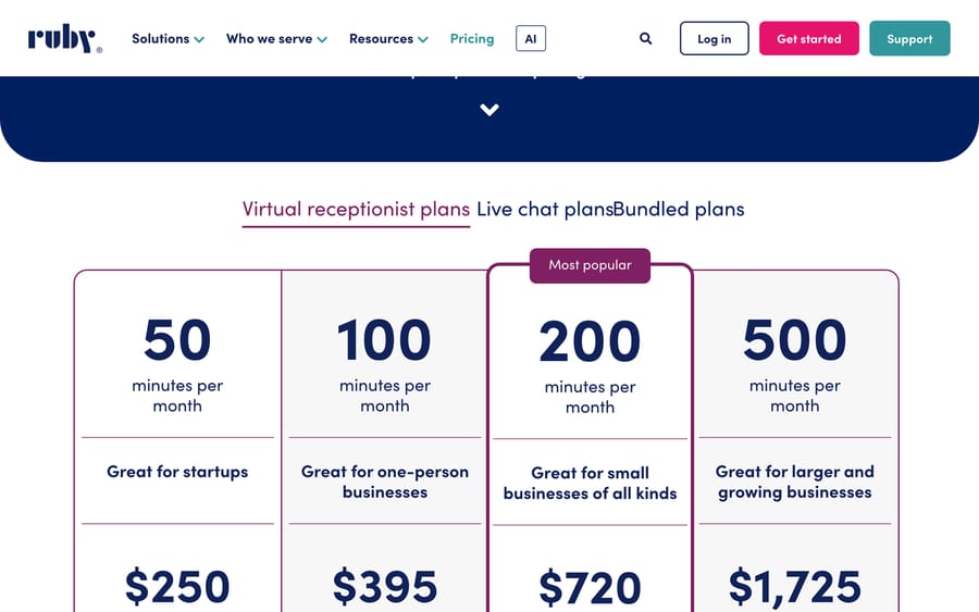 Ruby receptionist plans, 19 Sep 2026: 50 minutes $250, 100 $395, 200 $720, 500 $1,725 a month