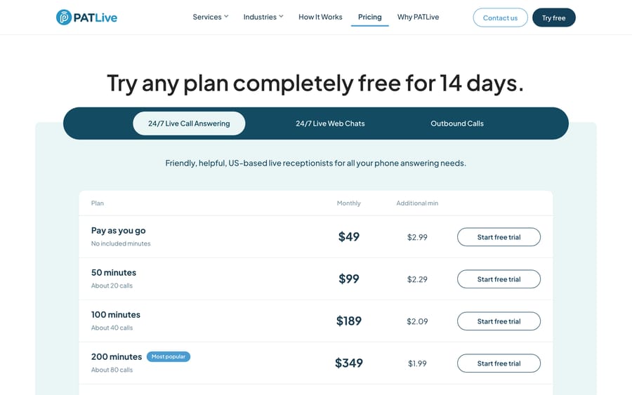 PATLive live call answering, 19 Sep 2026: pay as you go $49, 50 minutes $99, 200 minutes $349