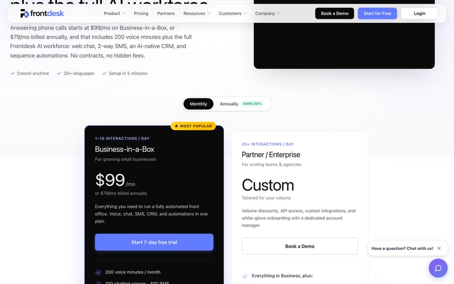 Frontdesk pricing, 19 Sep 2026: Business-in-a-Box $99/mo or $79 billed annually; Partner/Enterprise custom