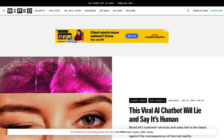 WIRED, June 28, 2024: 'This Viral AI Chatbot Will Lie and Say It's Human'