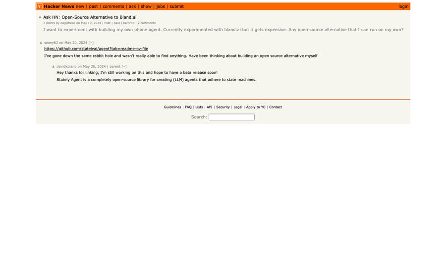 Hacker News, May 2024: 'Currently experimented with bland.ai but it gets expensive'