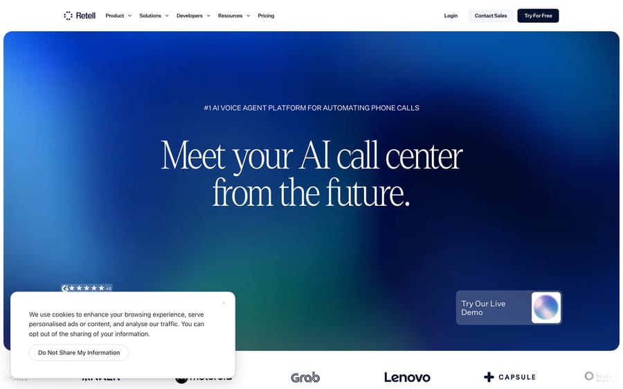 Retell homepage, Sept 19, 2026: 'Meet your AI call center from the future'