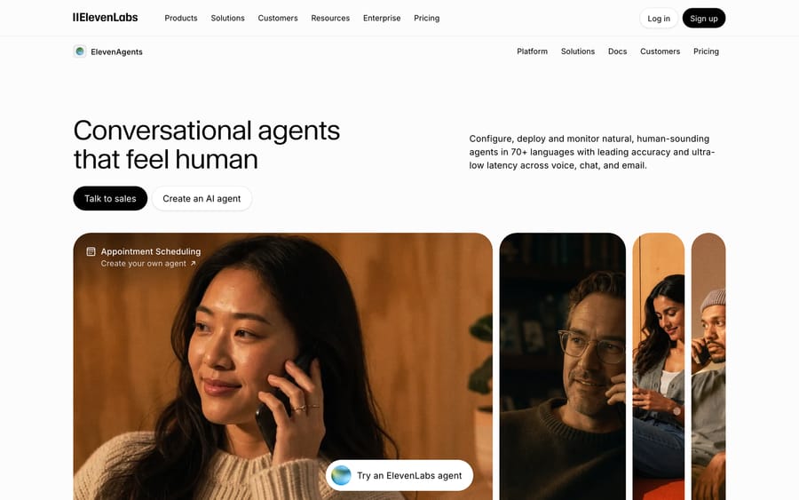 ElevenLabs Agents page, Sept 19, 2026: 'Conversational agents that feel human', 70+ languages