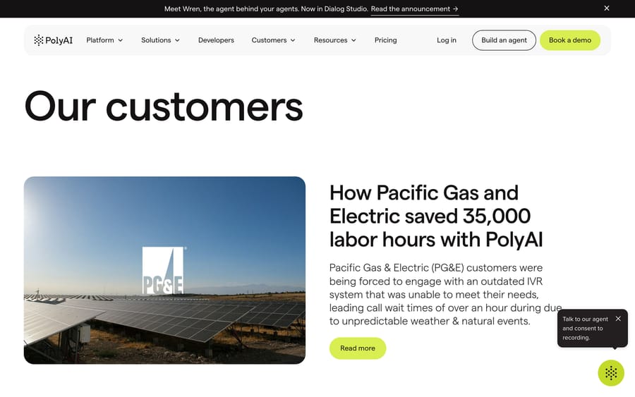 PolyAI customers page, Sept 19, 2026: Pacific Gas and Electric case study, '35,000 labor hours' saved