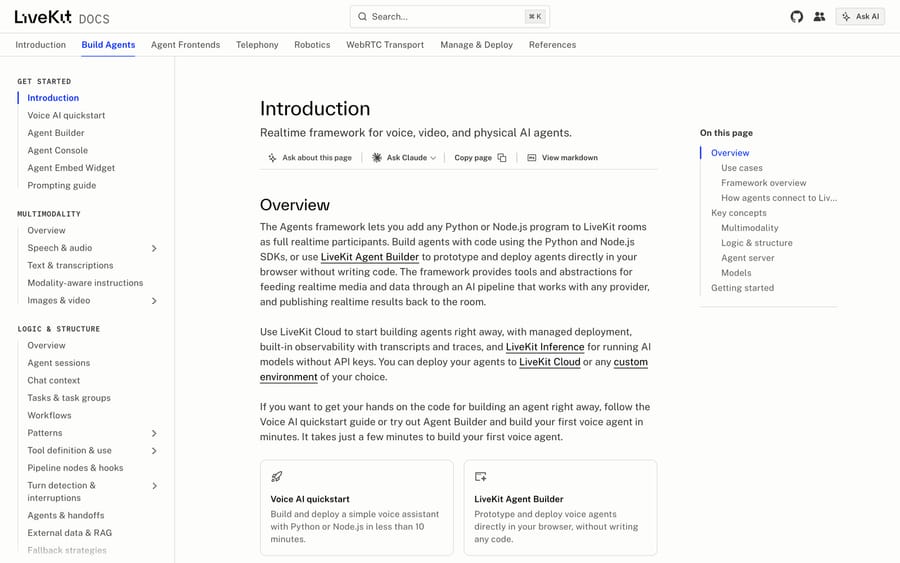 LiveKit docs, Sept 19, 2026: Agents framework introduction, build in Python or Node.js