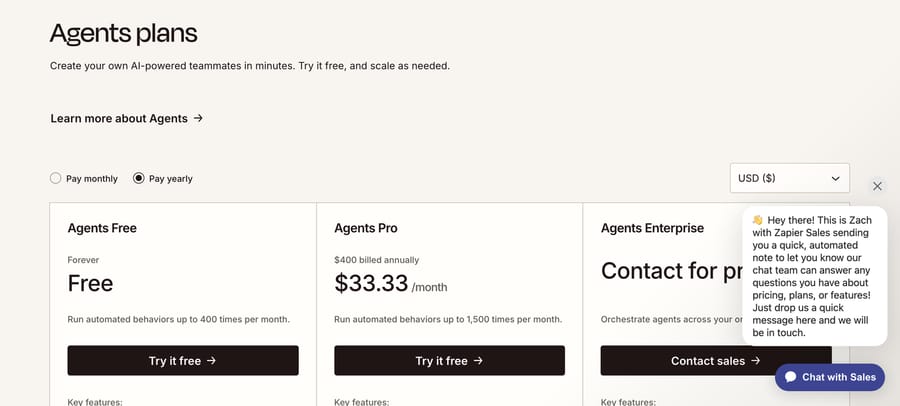 Zapier Agents plans, yearly: Free for 400 activities a month, Pro $33.33 a month billed annually for 1,500
