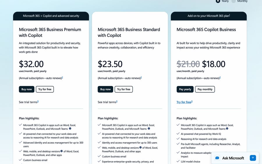 Microsoft 365 Copilot Business: $32 and $23.50 bundles, Copilot Business add-on $18 (was $21) paid yearly