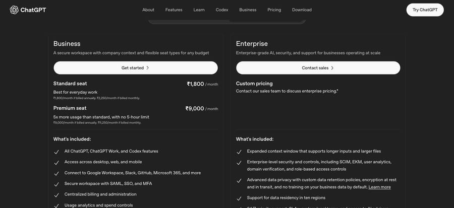 ChatGPT Business, India pricing: Standard seat ₹1,800 and Premium ₹9,000 a month billed annually