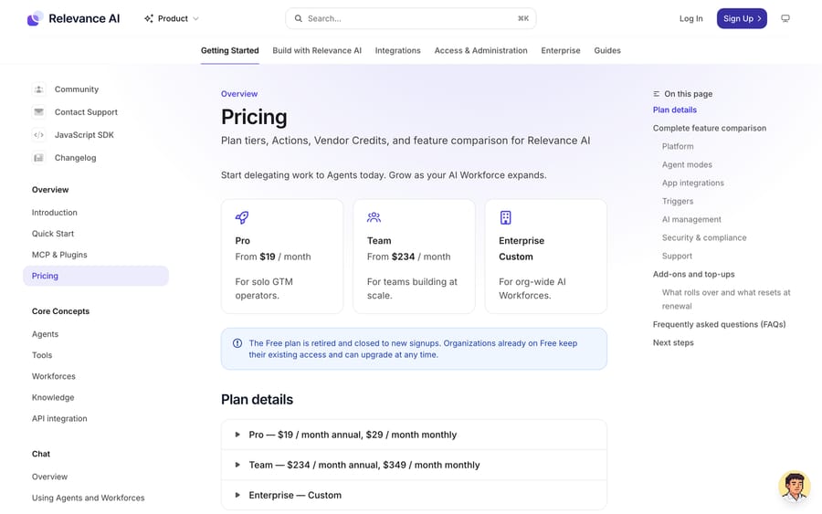 Relevance AI pricing docs: Pro from $19 a month, Team from $234; Free plan retired