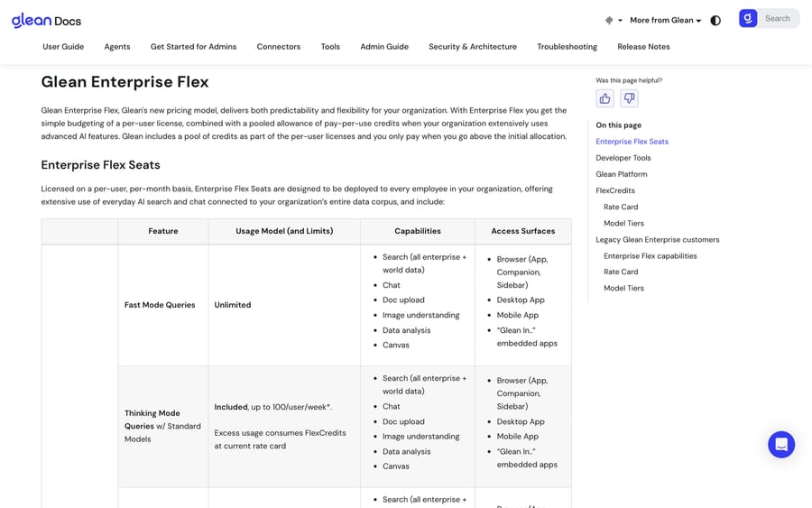 Glean Enterprise Flex docs: per-user seats with unlimited Fast Mode queries and 100 Thinking Mode queries a week