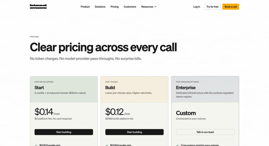 Bland pricing: Start $0.14 a minute with no platform fee, Build $0.12 a minute with a $299 platform fee