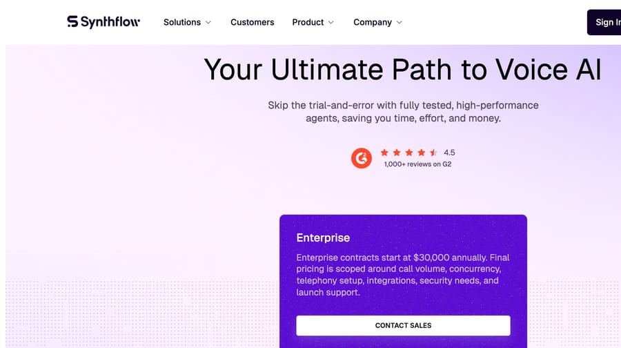 Synthflow pricing: Enterprise contracts start at $30,000 annually, scoped around volume and telephony
