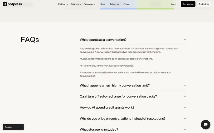 Botpress pricing FAQ: two user messages make a conversation, and for voice calls 3 minutes counts as 1